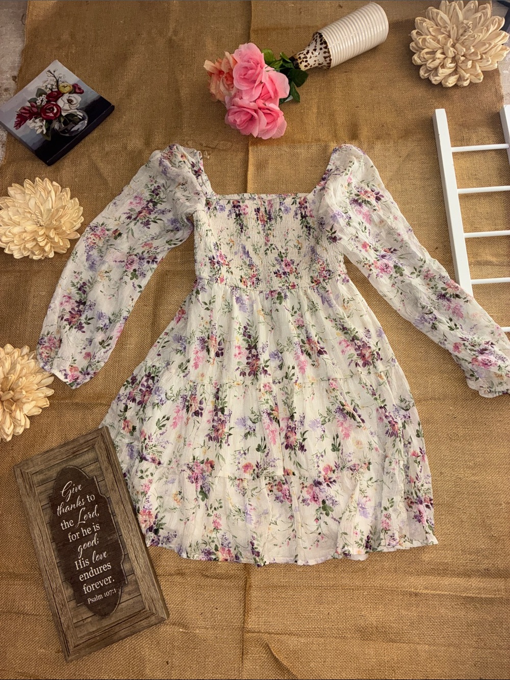 Rewind White Floral Smocked Dress with Pink & Purple Blooms